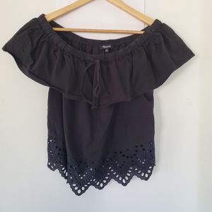 MADEWELL Sz S Black Off The Shoulder Eyelet Accent Top Crop Boho Ruffle Peasant